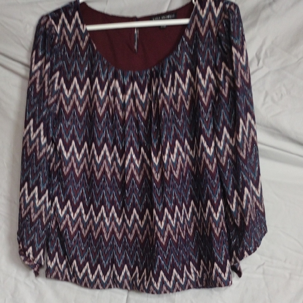 NWOT Sara Michelle Purple Black Relaxed Graphic Blouse